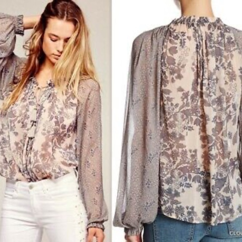 Free People Hendrix Sheer contrast print button down blouse bohemian peasant M - Picture 7 of 8